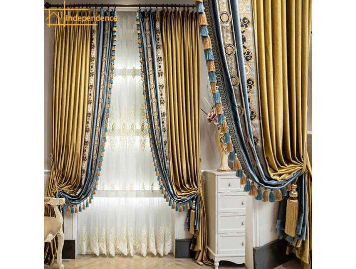 Rideaux en velours de luxe haut de gamme, style européen et américain, dorés et bleus, pour chambre à coucher, salon, villa, sur mesure