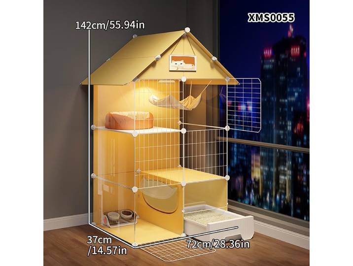 Cage pour chat avec grand espace libre pour un usage domestique, intérieur, une chambre à coucher, un salon, une salle de bain avec toilettes, villa pour chat intégrée de style tiroir