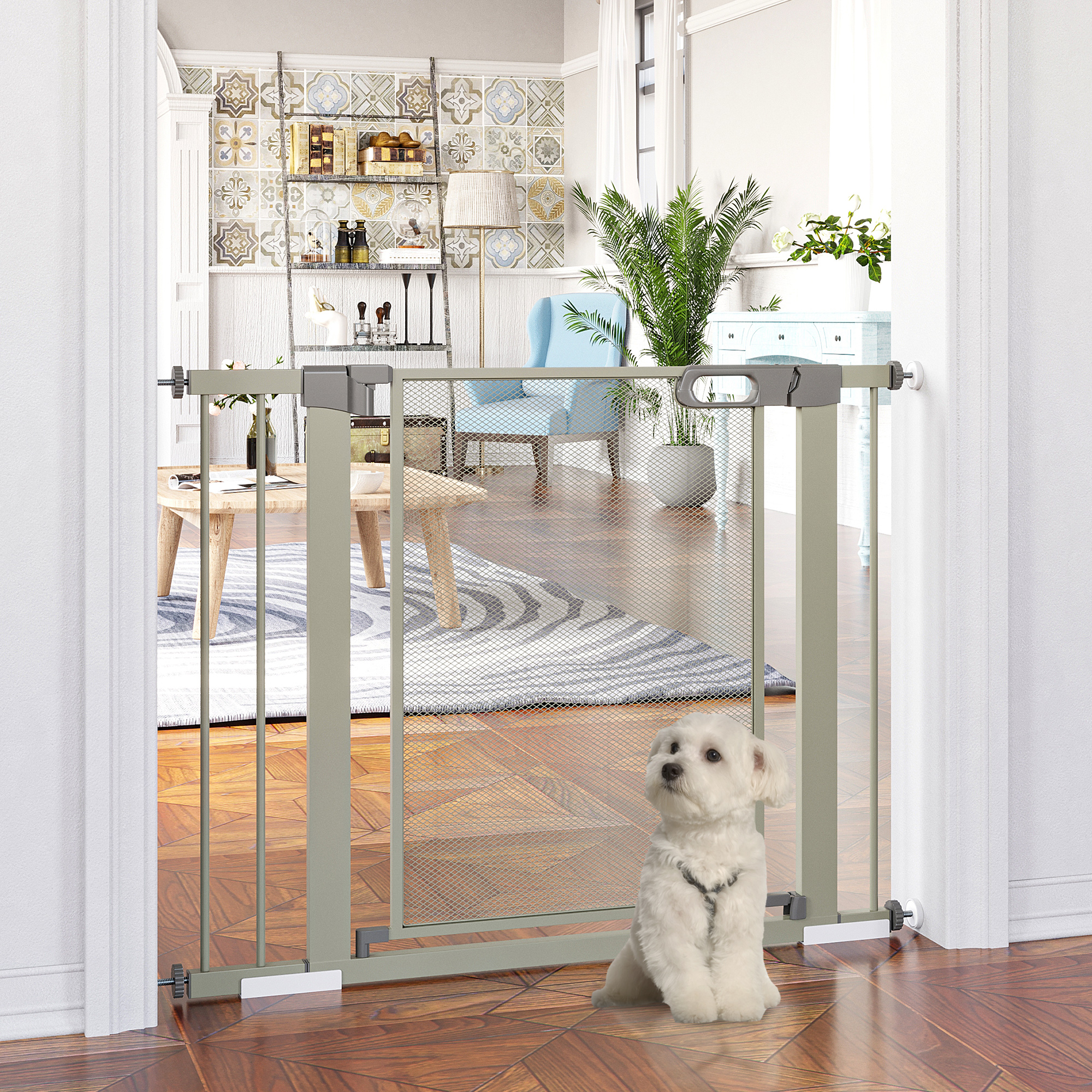 Pawhut Cancellino per Cani Estensibile a Pressione con Chiusura Automatica, 75-103x76 cm, Grigio
