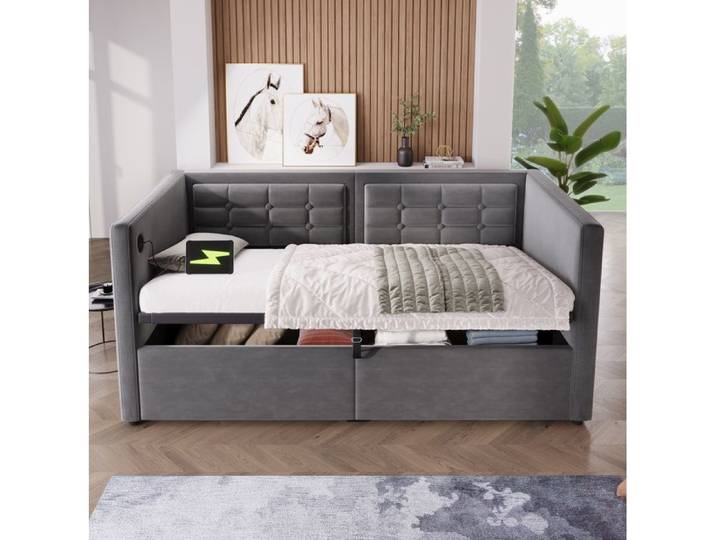 Sofabett 90x200 cm avec Lit Hydraulique & USB-C Gris Samt Lit d'Appoint