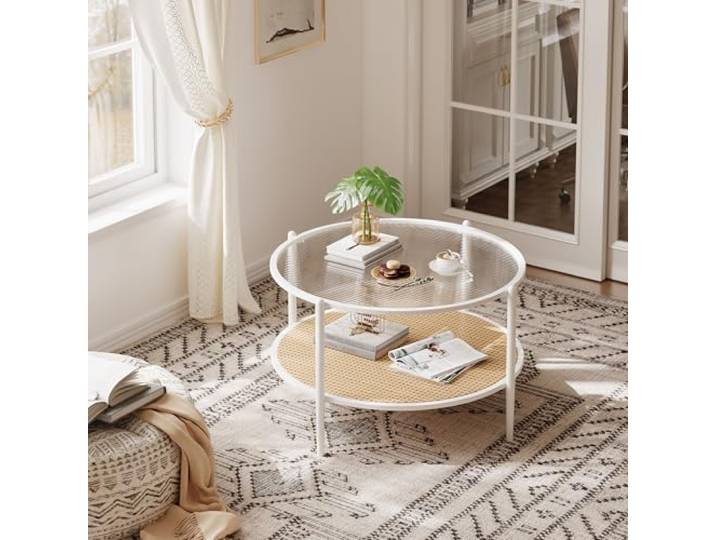 Litake Boho Couchtisch Rund aus Rattan mit 2 Ablagen, Gehärtetem Wellenglas & Metallgestell – Mid-Century Wohnzimmertisch für Kleine Räume, Weiß+Gelb