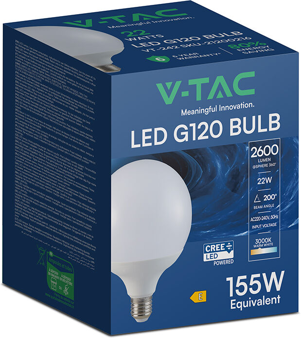 V-Tac Pro Lampadina Led E27 22w Globo G120 3000k 120 Lm/w Chip Cree Sku 21200216