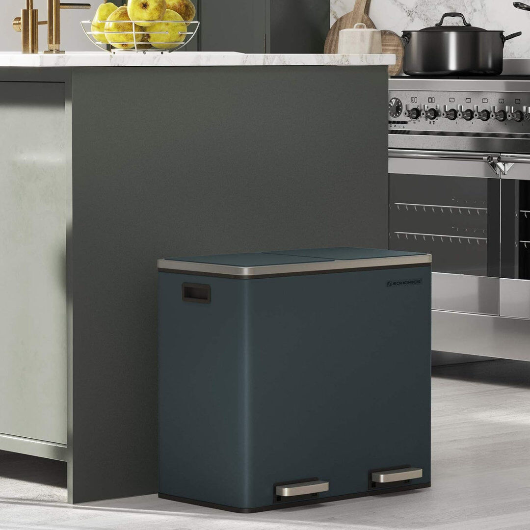 Songmics Recycling Bin, Double Trash Can, 2 X 24L, With 2 Compartments, Soft-Close Lids, Pedals, Plastic Inner Buckets And Carry Handles Greenish Grey