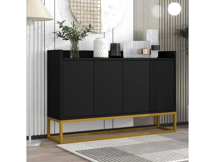 Buffet Bahut Buffet moderne minimaliste 4 portes sans poignées noir - Salon salle à manger cuisine - Meuble TV rangement élégant