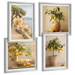 BILDER SET 4er Set - 50x50 cm & 40x60 cm Silberner Rahmen - Zitronenbäume im Topf