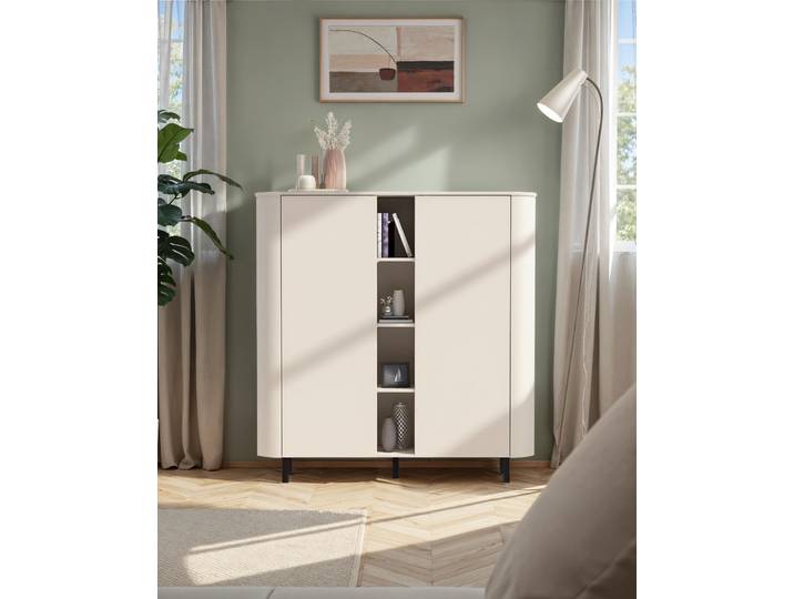 Highboard GOODPRODUCT Lido Stauraumschrank Höhe 154 cm , cashmere, B:150cm H:154cm T:43cm, Holzwerkstoff, Sideboards, Highboard, Formgebogenes MDF, Stirnseiten mit Rundung, Push-to-open, Metallfüsse