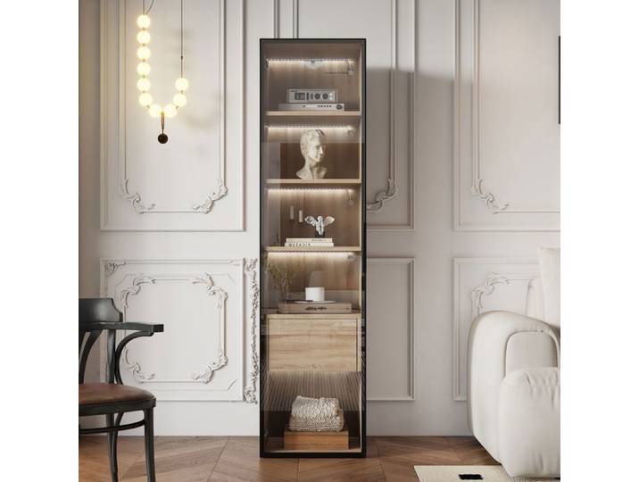 Vitrine Meuble Salon - Effet Bois - avec Éclairage LED - Porte en Verre et Grand Tiroir - Colonne Salle de Bain