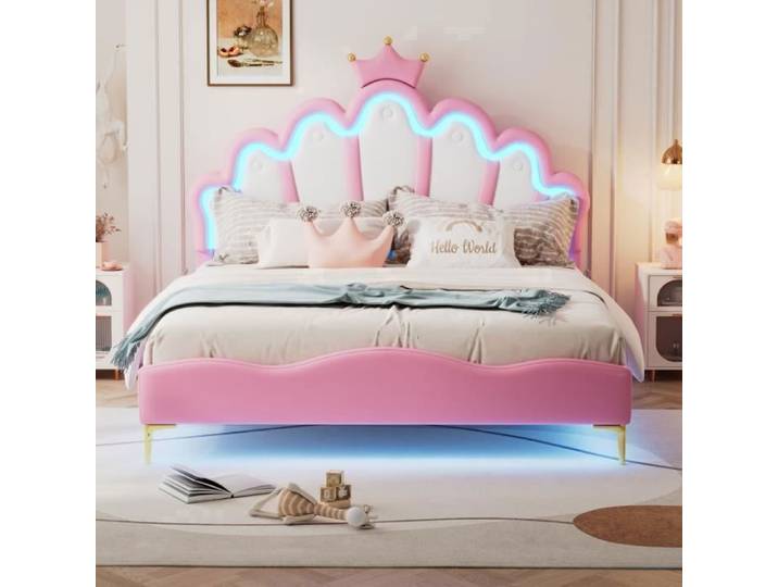 Lit enfant - Lit princesse héritière - 140 x 200 cm - Similicuir - LED ambiante