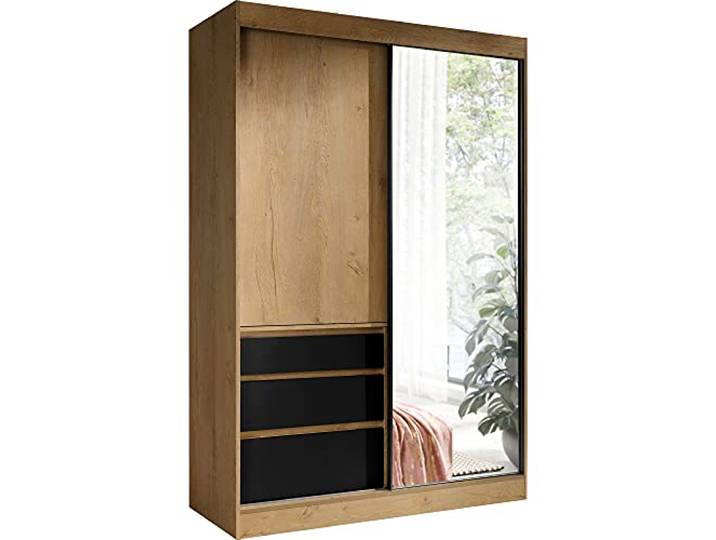Furniture24 Schwebetürenschrank Haiti 140 Kleiderschrank Schiebtür 2 Türen 3 Schubkästen 2 Kleiderstange Schrank Lefkas Eiche Schwarz matt mit Spiegel