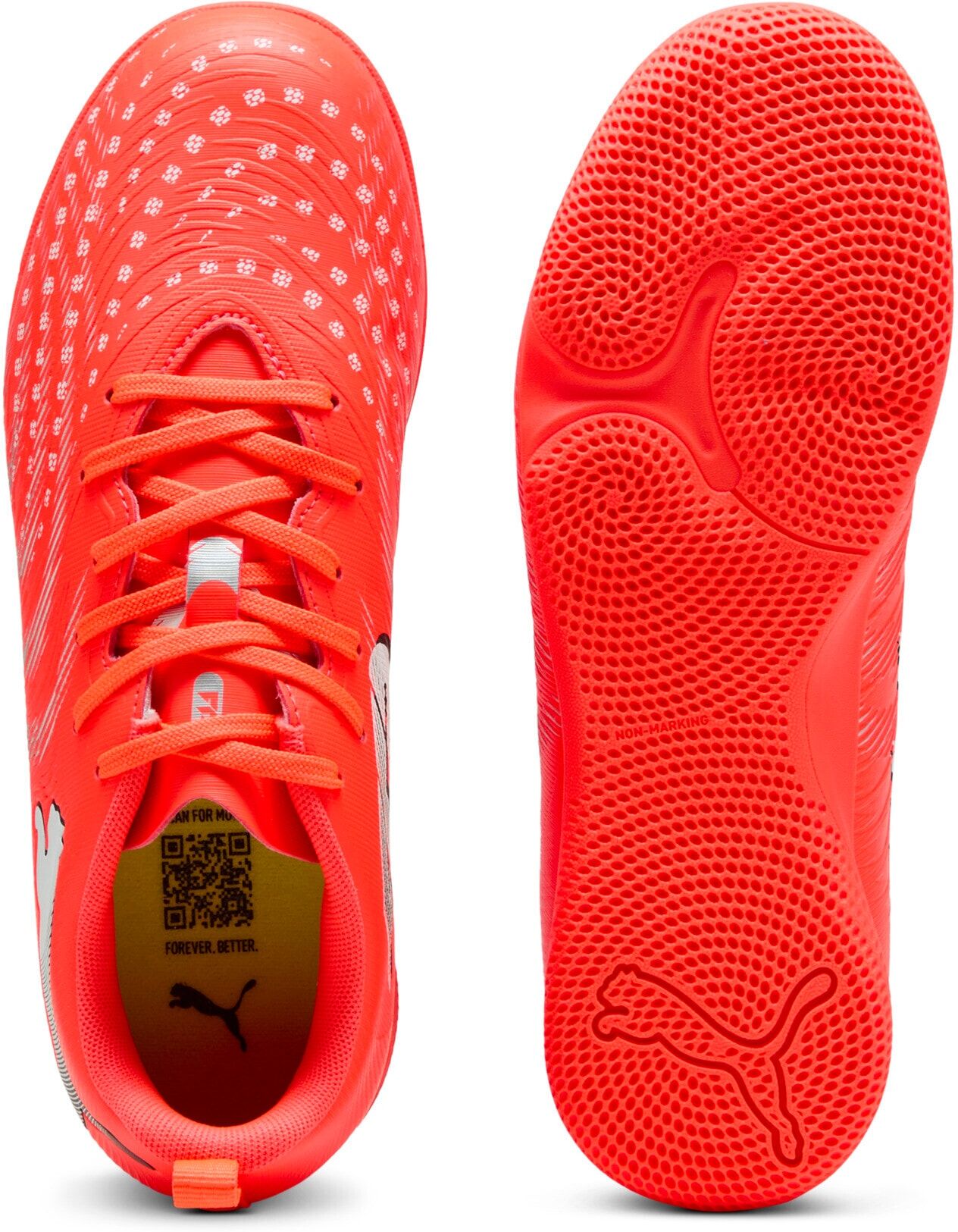Fussballschuh PUMA "FUTURE 9 PLAY IT JR", Jungen, Gr. 38, orange (glowing rot, puma weiß, puma schwarz, puma silber), Synthetik, Schuhe Fussballschuh, für Hallen- und Strassenbeläge, leichtes Obermaterial glowing rot, puma weiß, puma schwarz, puma silber 
