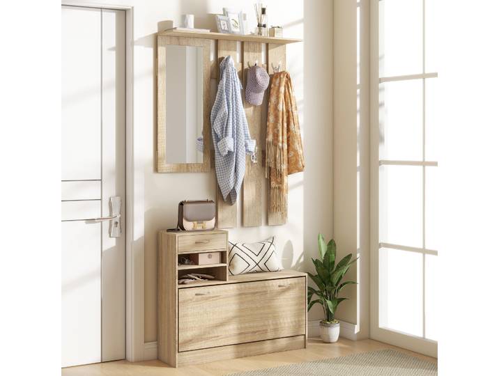 HOMCOM Portemanteau 3 en 1 Bois Chêne avec Miroir et Rangement
