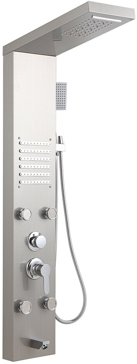 Modern douchepaneel met 5 waterfuncties, regendouche, waterval en massagejets, inclusief thermostaatkraan, handdouche en LCD-display – Zilver/Brushed Steel