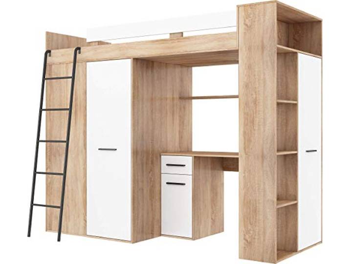 FurnitureByJDM Hochbett mit Schreibtisch, Kleiderschrank und Bücherregal Loftbett für Kinder - Komplettes Möbelset 236x120x190 cm - 90x200 cm Bettgröße - Linke Leiter - VERANA - (Eiche Sonoma/Weiß)