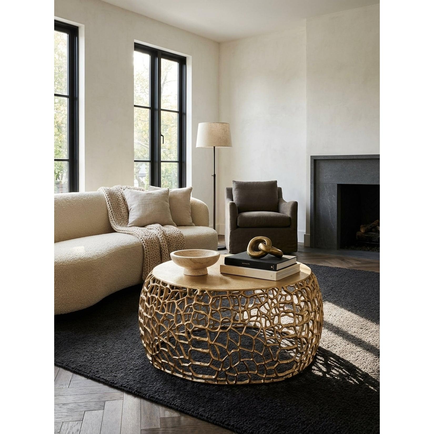 Couchtisch Aluminium Rund mit Ast-Struktur, Gold 66x66x30 cm