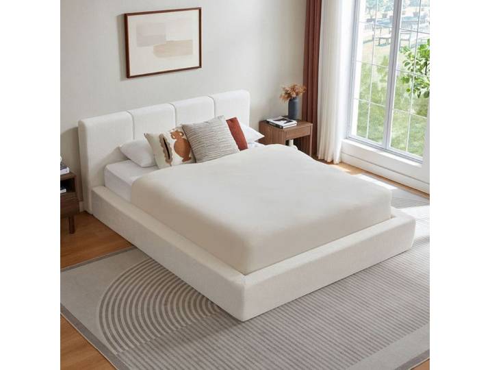 Cadre de lit compressé 160 x 200 avec tête de lit rembourrée et Cadre en acier Lit Double Blanc(montage facile matelas non inclus)