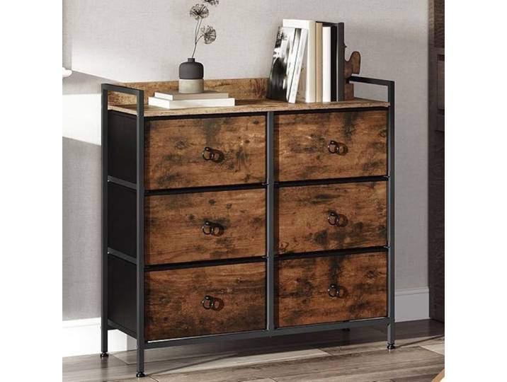 Commode Chambre WOLTU - Plateau robuste - 6 Tiroirs en Tissu - Marron Rustique+Noir W0ITT0115