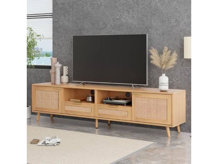 Meuble TV - Bohème - Moderne - 2 Portes - 2 Tiroirs - Aspect Rotin - 200 x 37 x 49 cm