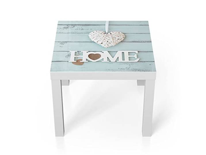 DEQORI Glastisch weiß klein 55x55 cm Motiv Holzschrift HOME ausgefallener Beistelltisch aus Glas Hochglanz Couchtisch fürs Wohnzimmer moderner Couch Tisch mit Design