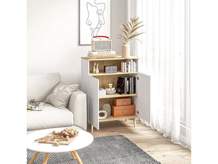 Buffet Scandinave 2 portes étagère intérieure Blanc et aspect bois