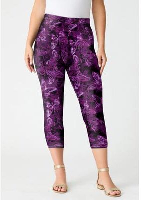 Plus Size Women's Plus Size Essential Stretch Capri Legging by Roaman's in Dark Berry Butterflies (Size 38/40) Activewear Workout Yoga Pants