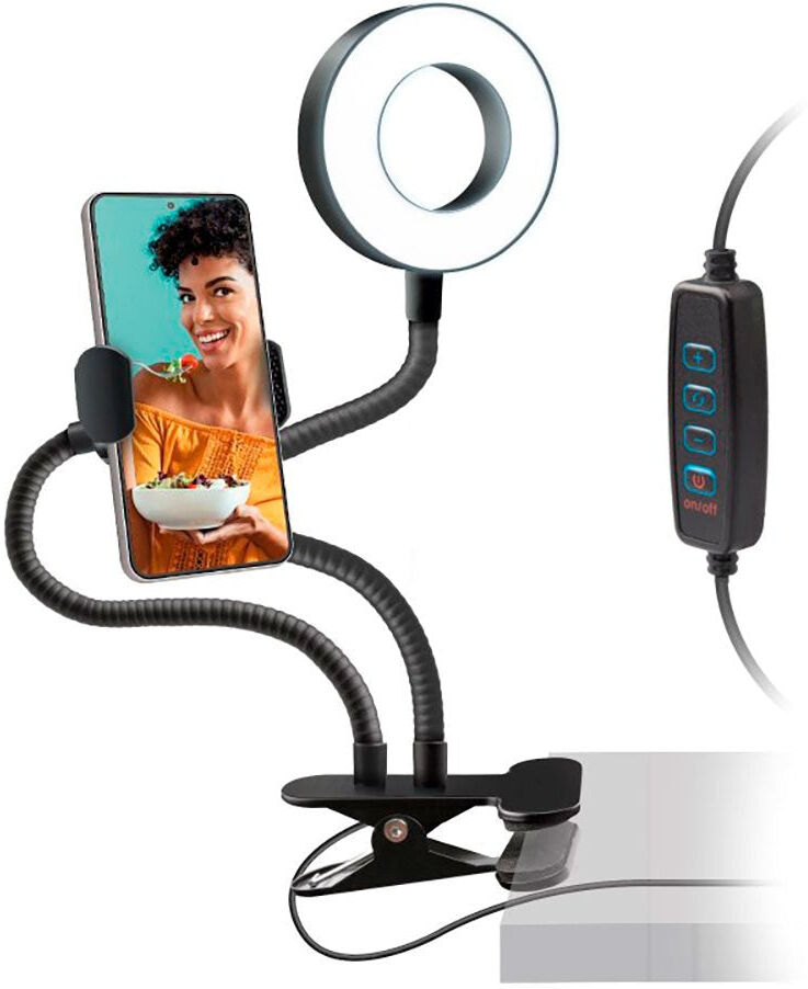 SBS LED Ring Light m. Bordclip, Mobilholder &  Justerbare Arme - Max Mobil: 85mm - Sort