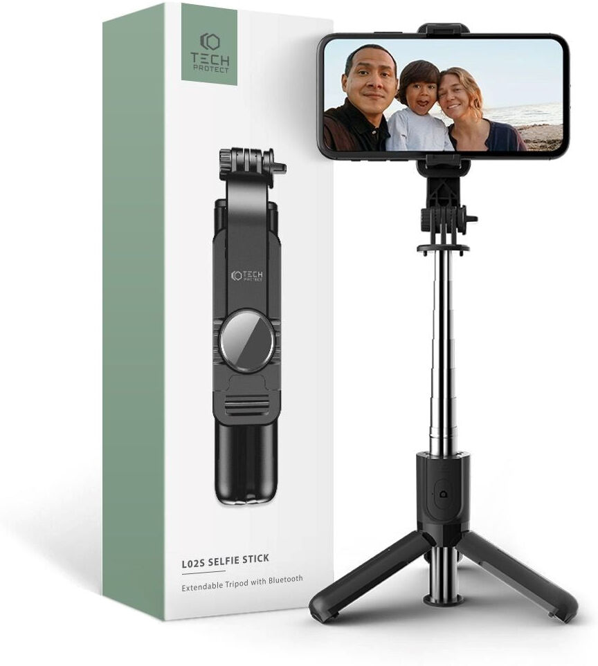 Tech-Protect L02S Kompakt Selfiestang m. Tripod & Bluetooth - Sort