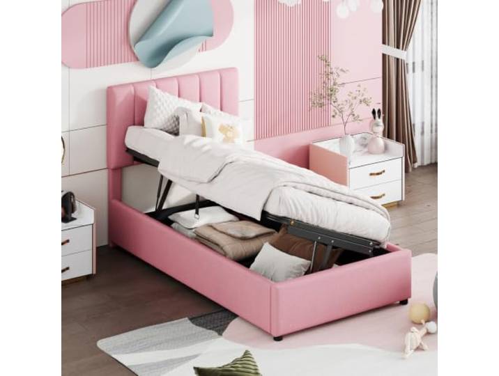 Ropilly Kinderbett Polsterbett hydraulisches Stauraumbett hautfreundliches Leinen-Hochkastenbett für Schlafzimmer