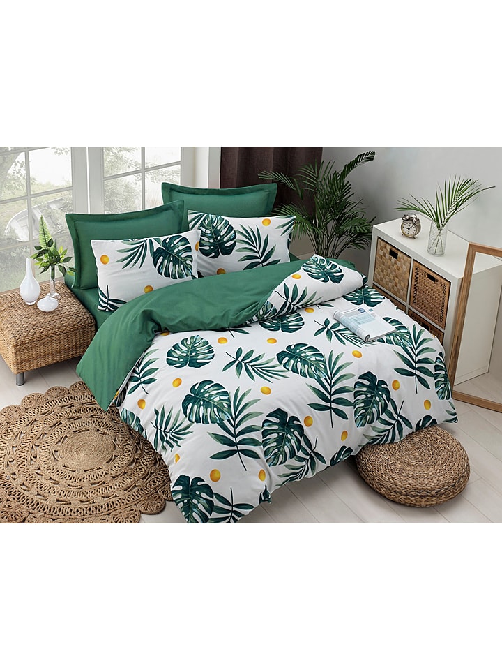 Colorful Cotton Bettwäsche-Set "Monstera" in Weiß/ Grün - 135x200 cm
