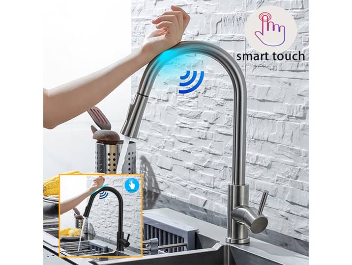 DQOK-Robinet mixte à commande tactile en acier inoxydable, capteur de dégradbrossé, induction intelligente, robinet d'évier noir