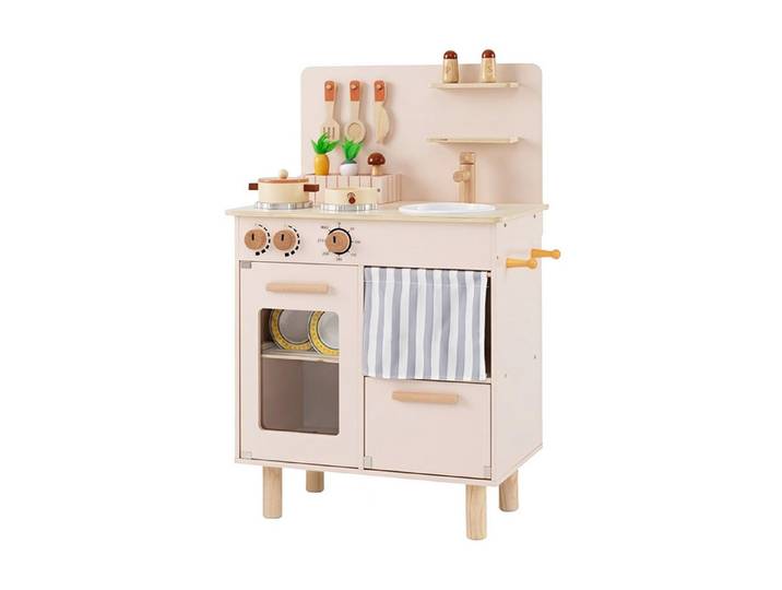 COSTWAY Spielküche Holz, Puppenküche mit Herd, Spüle & Geschirrspüler