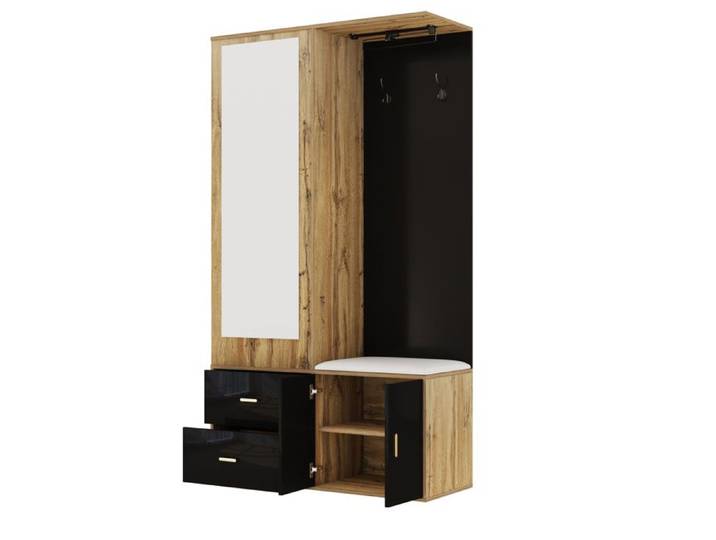 Vestiaire d'entrée – Meuble d'entrée – Noir et bois naturel – Miroir penderie tiroirs range-chaussures