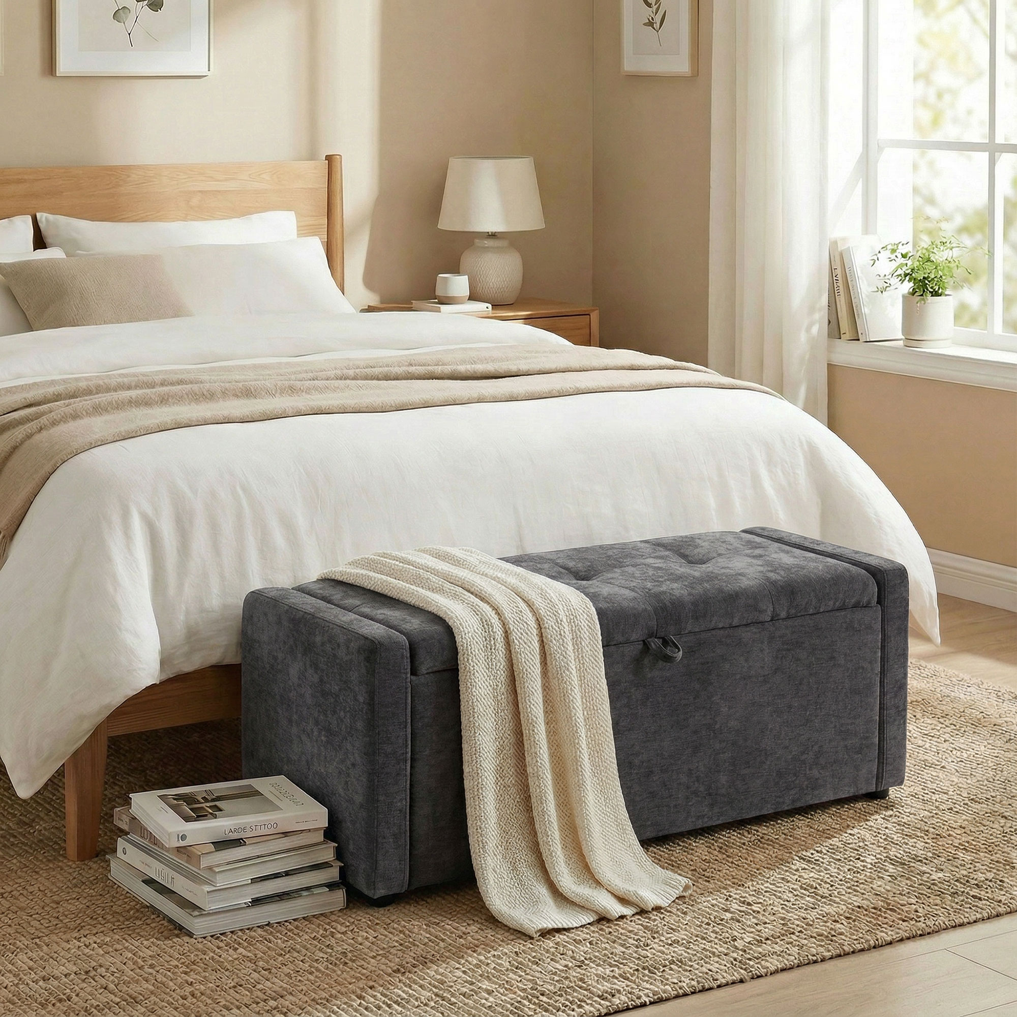 Homcom Cassapanca 142L Pouf Contenitore, Seduta Ampia Imbottita, in Lino, Capacità 200 kg, Grigio Scuro   Aosom Italy