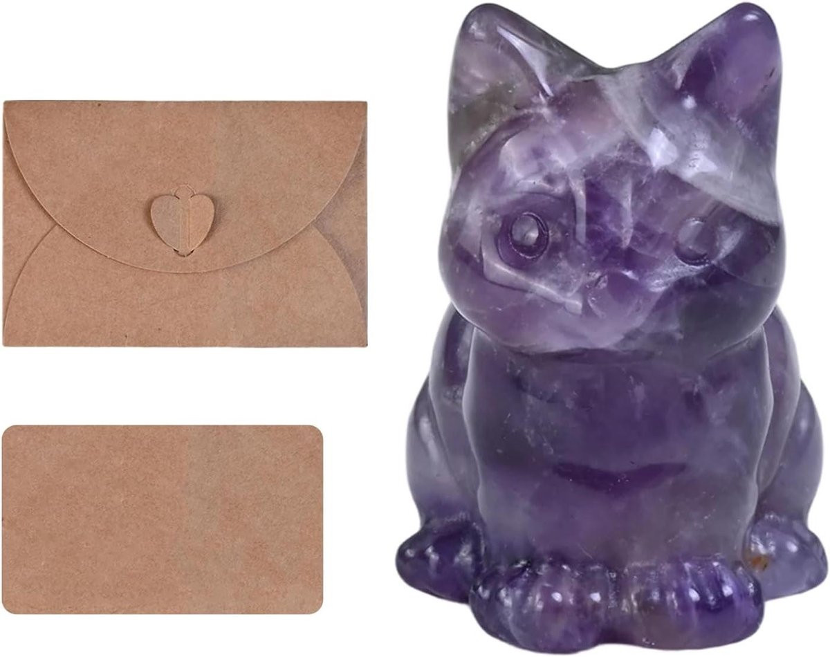 Amethist Kat Kristal Decoratie - Paars Kattenbeeldje van Echt Amethist - Hoogte: 38 cm