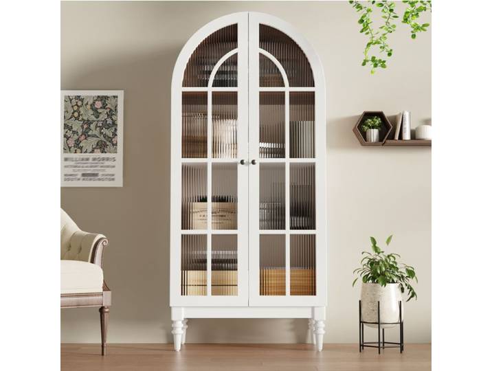 ROVRYN Vitrine haute 165 cm 2 portes en verre cannelé 3 étagères sommet arqué blanc décor noyer