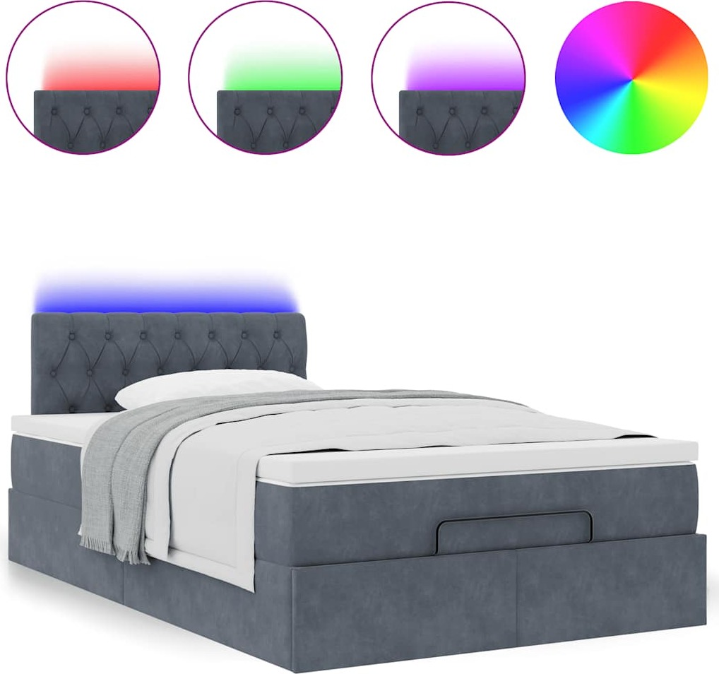 Ottomanen-Bett, Stauraumfunktion, Samt Dunkelgrau, 120x190 cm, Taschenfederkernmatratze, Matratzenauflage, LED-Beleuchtung mit USB-Anschluss