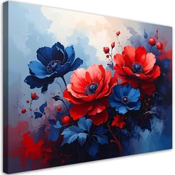 BILD auf Leinwand, Rote blaue Blumen Pflanzen