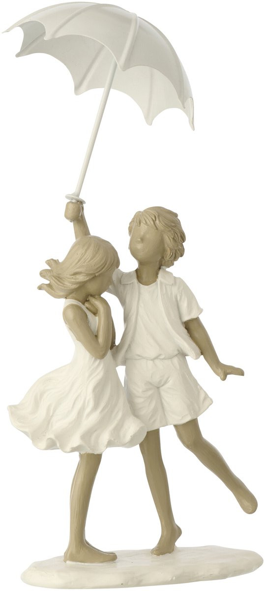 J-Line Decoratie Kinderen Jongen en Meisje met Paraplu - Wit/Grijs - Polyresin