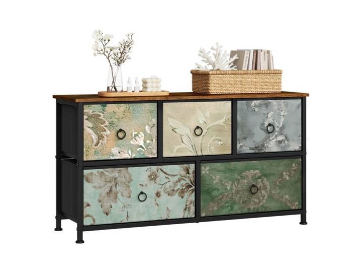 Commode Chambre WOLTU - Meuble 5 Tiroirs en Tissu - Bois d'Ingénierie et Métal - Motif de Fleur Vintage W0ITT5022