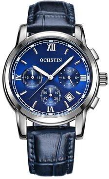 Everyday Crate OCHSTIN 6097B Mens Leather Quartz Watch Waterproof Luminous Business Chronograph silver+blue