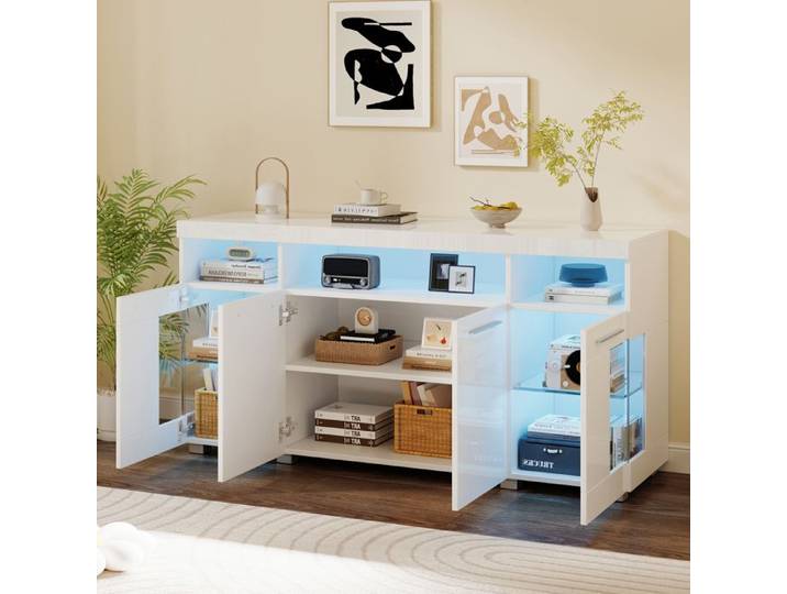 LPOSPI Buffet haut brillant meuble salon moderne avec led 3 compartiments portes verre trempé MDF blanc 140x40x70 cm.