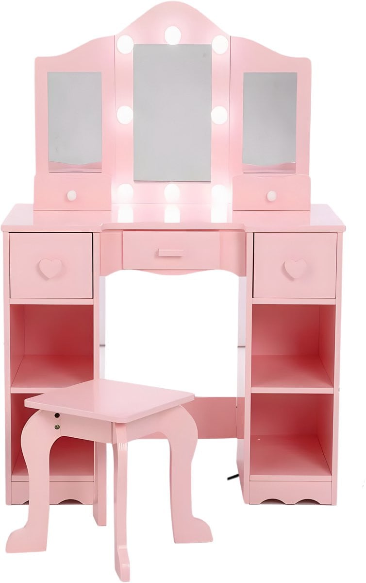 Happiq Kinderkaptafel met Spiegel en Stoel - Roze Make-uptafel voor Kinderen