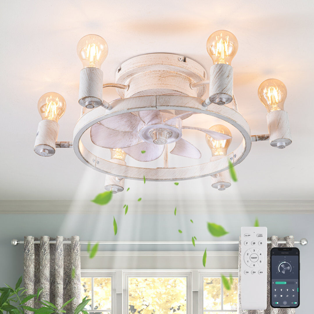 Blue Elephant 52 cm Farmhouse Reversible Caged Ceiling Fan with Light Kit and Remote White 52cm