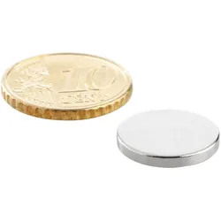 10 Scheibenmagnete Neodym 15 mm x 2 mm | N35, axial (parallel zur Höhe), silber