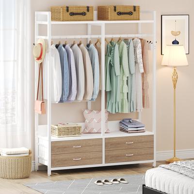 YUZHOU Freestanding Closet Organizer, Clothing Rack with 4 Drawers, 8 Hooks and Storage Shelves - Grey