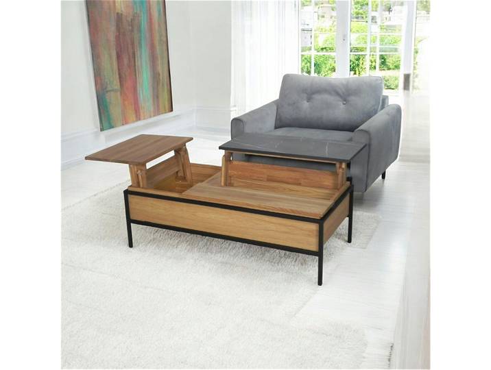 Table basse relevable avec rangements ESSEN - Chêne miel