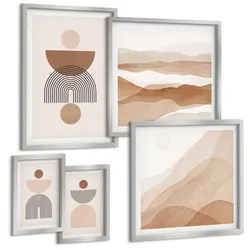 BILDER SET 5er Set - 50x50 cm & 20x30 cm & 40x60 cm Silberner Rahmen - Abstraktes Boho-Design