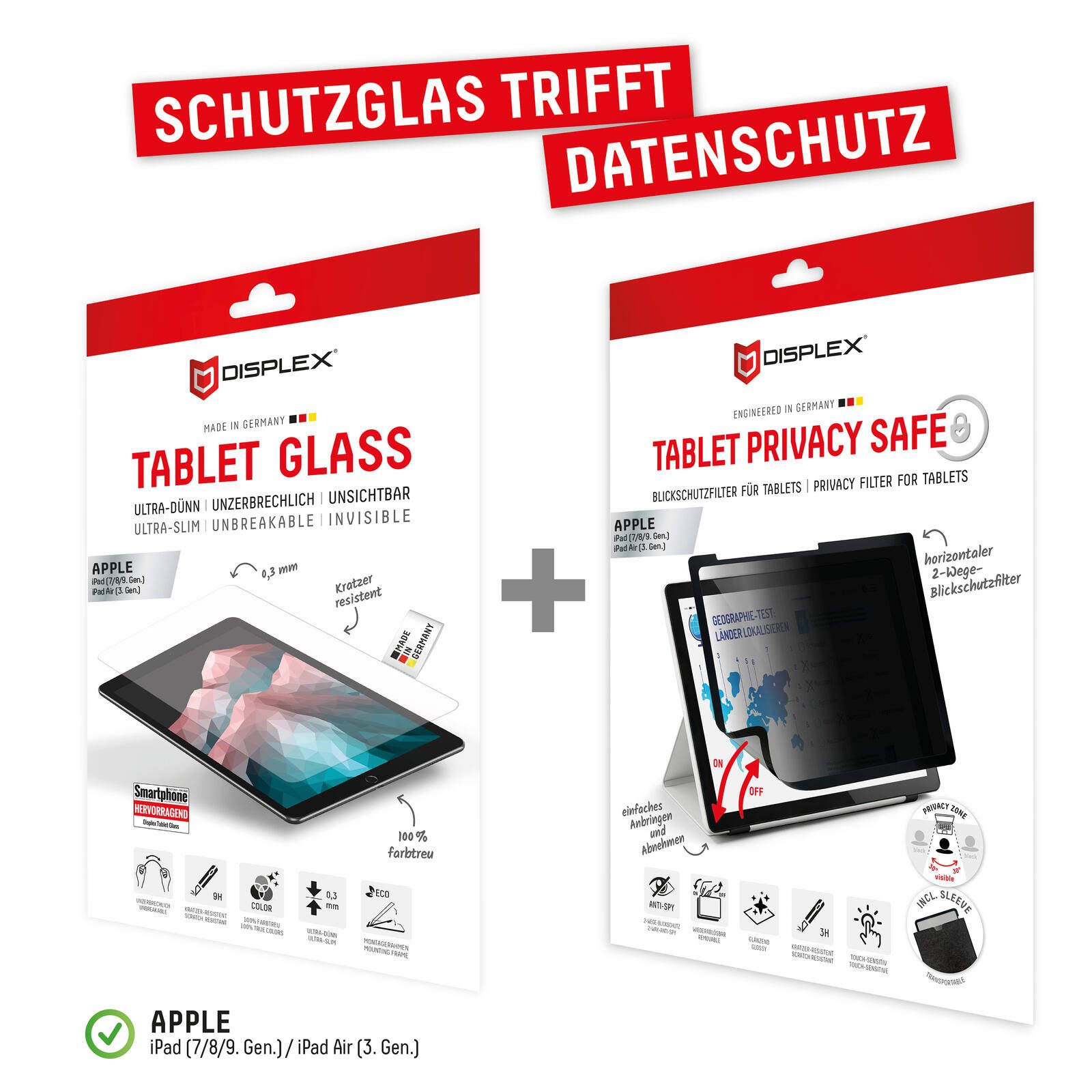 DISPLEX Tablet Panzerglas & Tablet Privacy Safe Blickschutzfilter für Apple iPad (7.–9. Gen.) / iPad Air (3. Gen.) 01535 & 01982