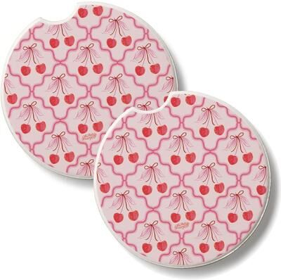 Thirstystone Sketched Cherries 2 Pack Stone Car Coaster for Vehicle Cup Holders Each 2.6” Diameter Manufactured in The USA