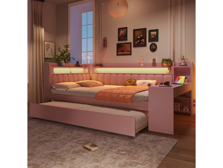Lit gigogne Lit banquette rembourré 140x200 cm rose avec lit gigogne bureau ports USB et bande LED