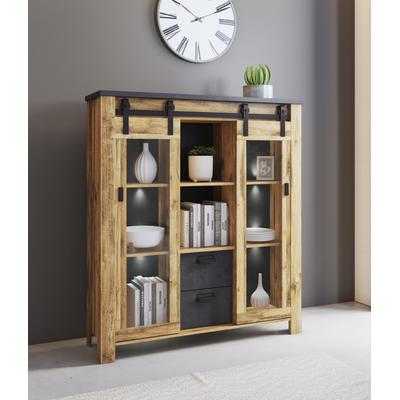 Highboard HOME AFFAIRE "York, moderner Hochschrank, Vitrine in Hunton Oak, Industrialdesign", braun (hunton oak dekor), B:133cm H:150cm T:37cm, Sideboards, Highboard, mit Scheunentorbeschlägen & Apothekergriffen aus Metall, 150 cm hoch